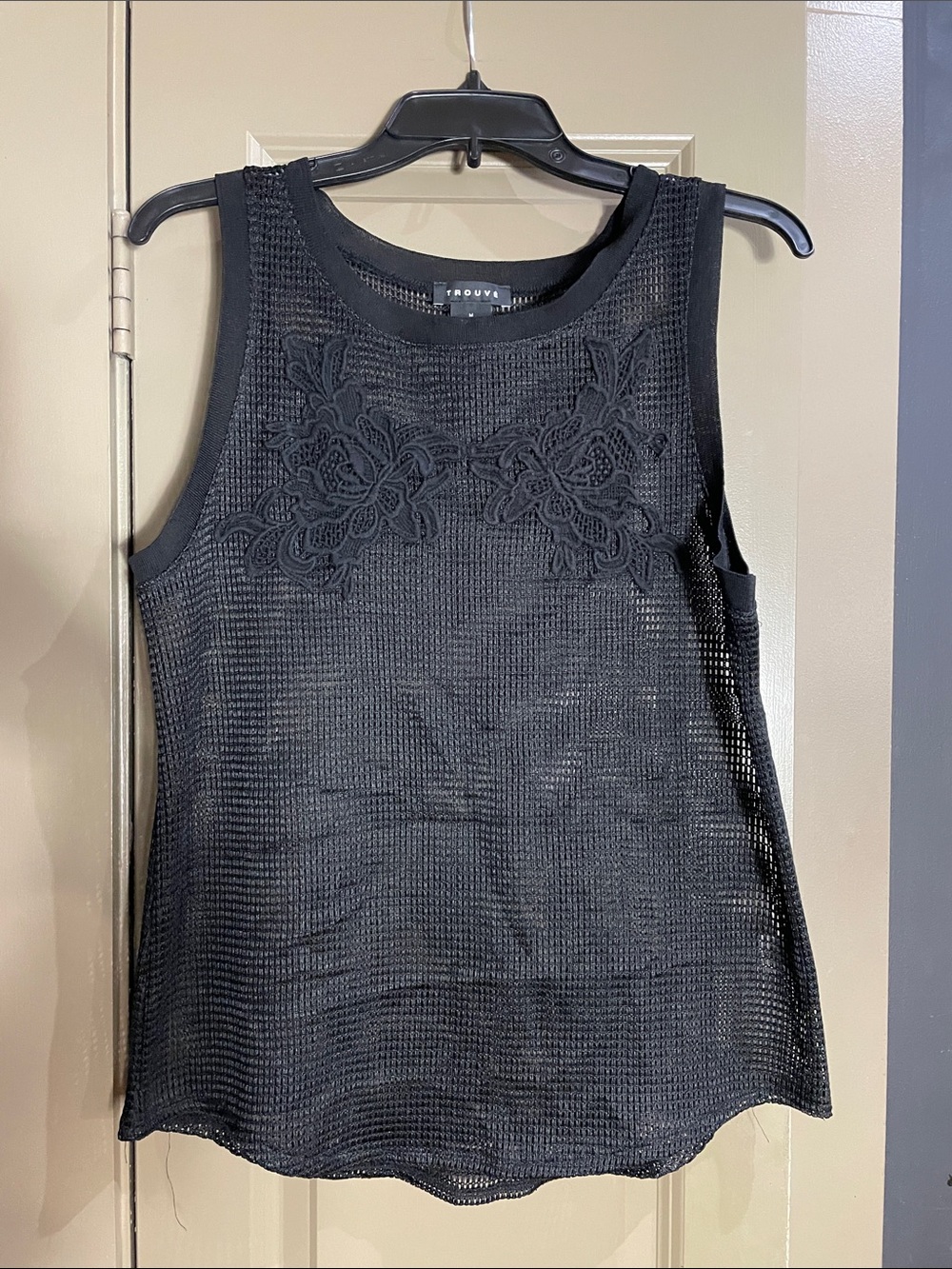 Trouve Black Mesh Tank with Floral Appliqué